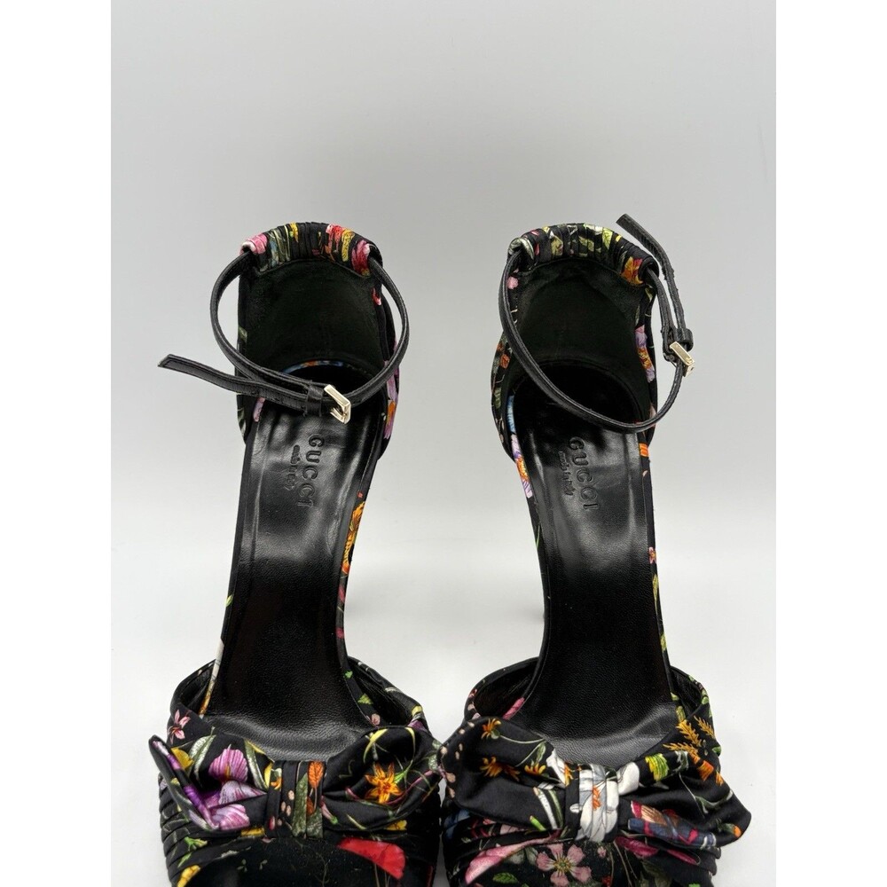 Gucci Black Satin Floral Slingback Heels Peep Toe Bow Accent Size EU 35 - Picture 7 of 12